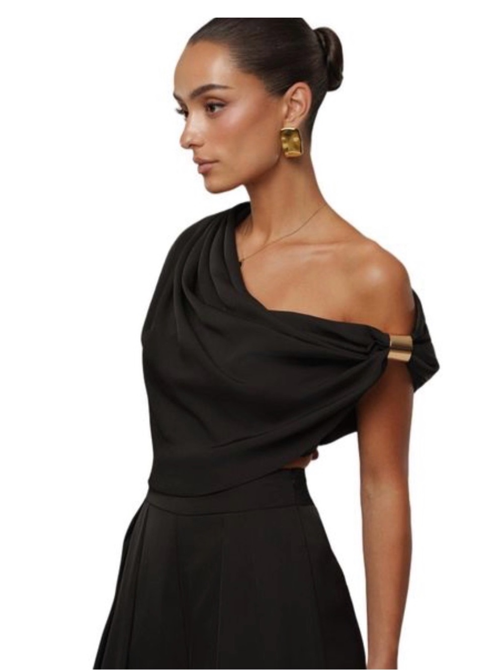 JLUXLABEL Black One-Shoulder Draped Crop Top with Gold Accent Clip